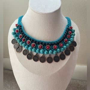 Ethnic Crochet Bib Necklace with Gemstones, Beads, Coin Charms, Boho Chic Choker